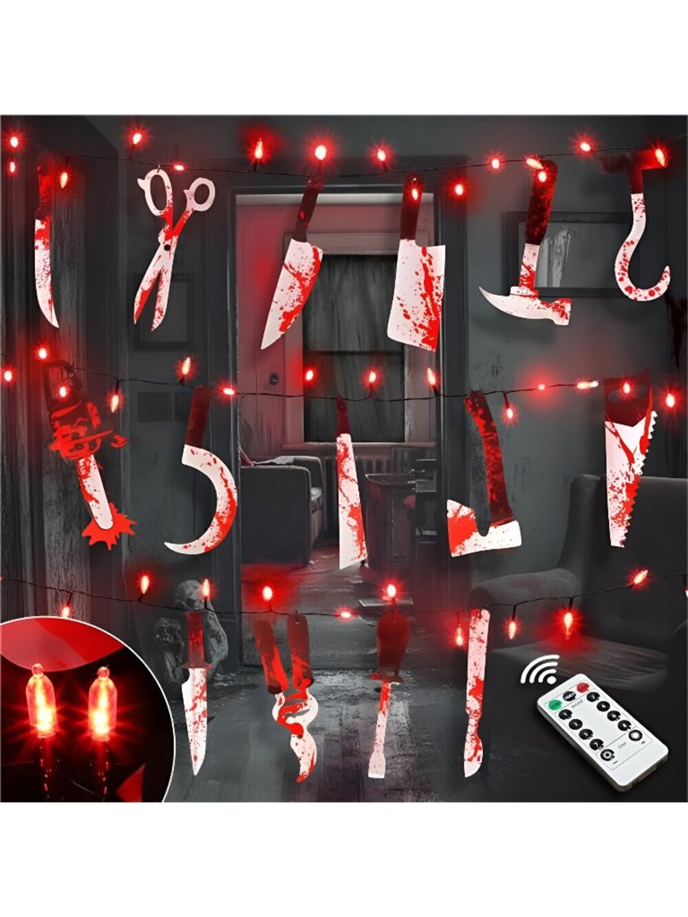 [Timer & 8 Modes] Halloween Party Decorations Bloody Banner with 50LED Red Light